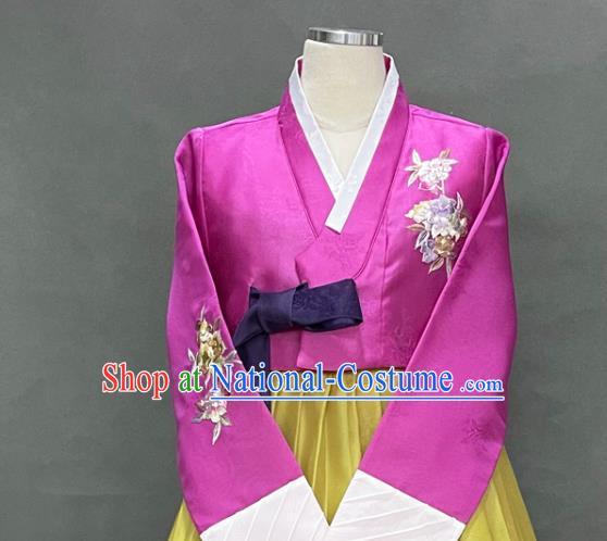 Korean Bride Fashion Embroidered Rosy Blouse and Yellow Dress Traditional Court Hanbok Clothing Classical Wedding Garment Costumes