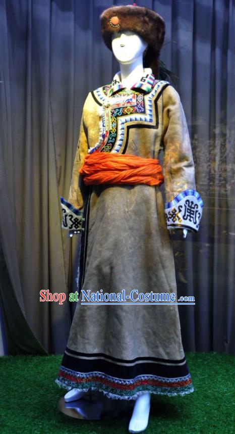 Chinese Mongolian Ethnic Dance Garment Costumes Mongol Nationality Clothing Minority Female Grey Dress Uniforms and Headwear