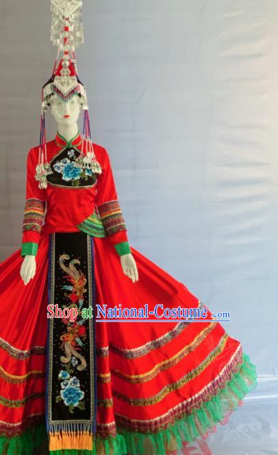 Chinese She Nationality Bride Clothing Minority Wedding Red Dress Uniforms Fujian Ethnic Dance Garment Costumes and Headpiece