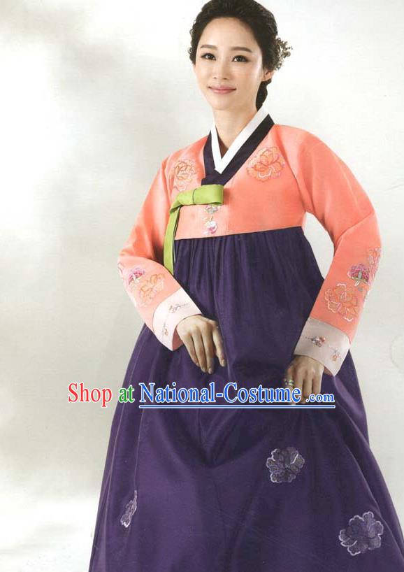 Korean Classical Wedding Garment Costumes Bride Fashion Embroidered Orange Blouse and Purple Dress Traditional Court Hanbok Clothing