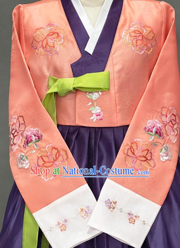 Korean Classical Wedding Garment Costumes Bride Fashion Embroidered Orange Blouse and Purple Dress Traditional Court Hanbok Clothing