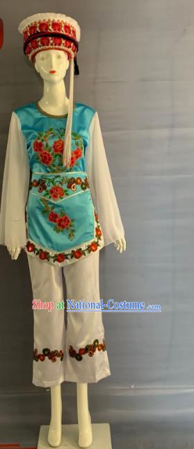 Chinese Dali Bai Nationality Dance Clothing Minority Woman Blue Uniforms Yunnan Ethnic Performance Garment Costumes and Hat