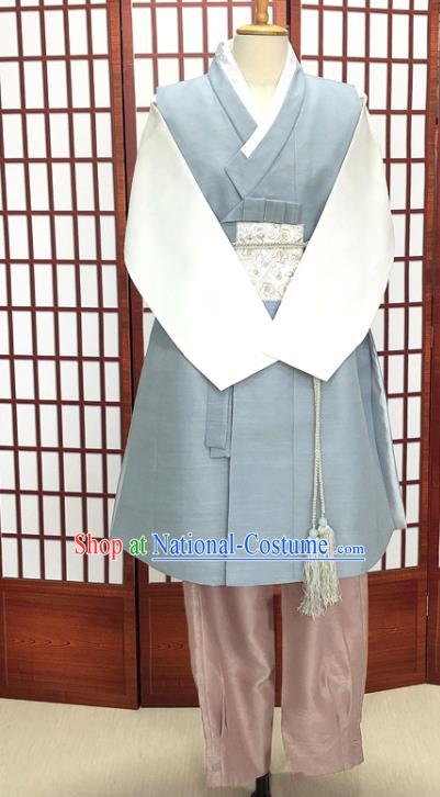 Korean Traditional Bridegroom Costumes Korea Festival Clothing Wedding Hanbok Young Man Blue Vest White Shirt and Khaki Pants