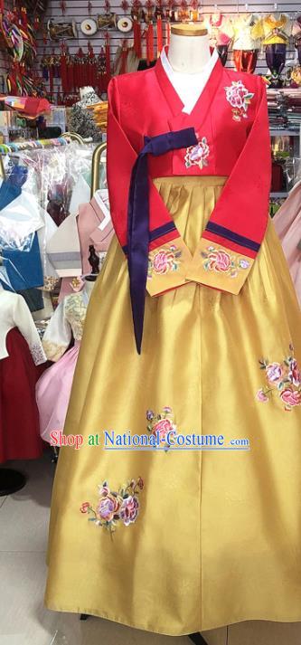 Korean Classical Wedding Garments Bride Fashion Clothing Embroidered Red Blouse and Yellow Dress Traditional Court Hanbok Costume