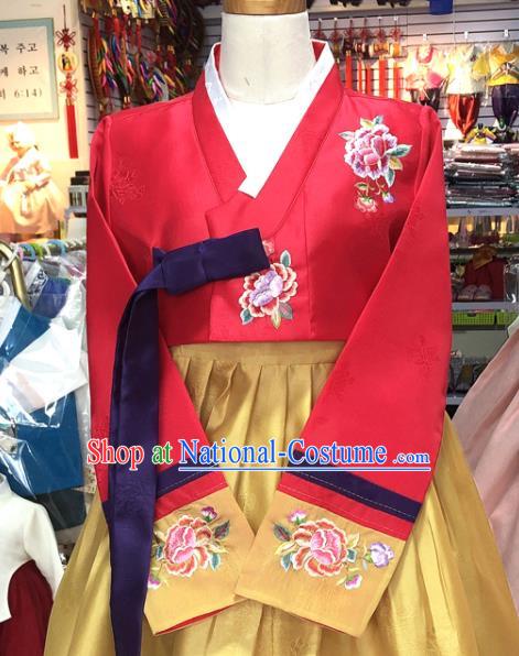 Korean Classical Wedding Garments Bride Fashion Clothing Embroidered Red Blouse and Yellow Dress Traditional Court Hanbok Costume