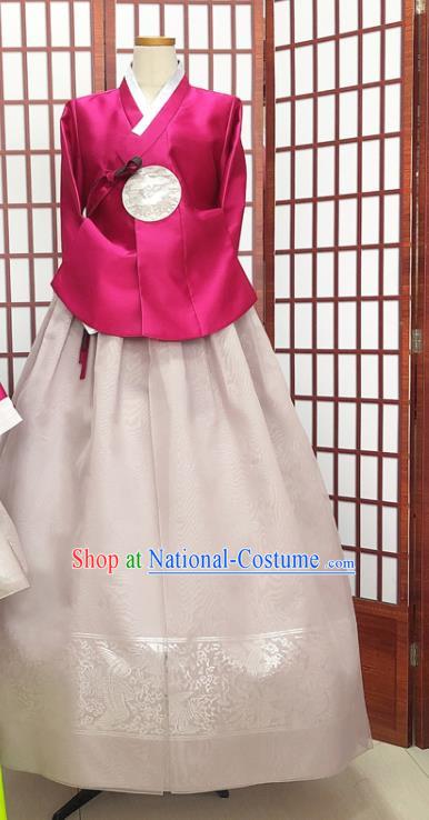 Korean Traditional Court Hanbok Costume Classical Wedding Garments Bride Fashion Clothing Embroidered Rosy Blouse and Beige Dress