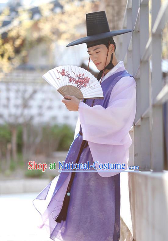 Korea Traditional Bridegroom Costumes Festival Clothing Korean Wedding Hanbok Prince Purple Long Vest Pink Shirt and Khaki Pants