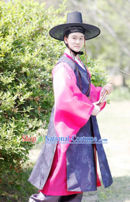 Korea Prince Navy Long Vest Rosy Shirt and Pants Traditional Bridegroom Costumes Festival Clothing Korean Wedding Hanbok