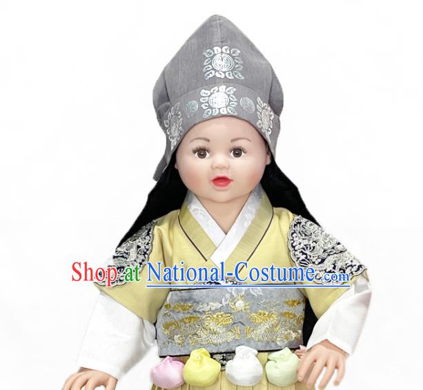 Korean Children Prince Yellow Vest White Shirt and Grey Pants Traditional Boy Birthday Hanbok Court Fashion Costumes