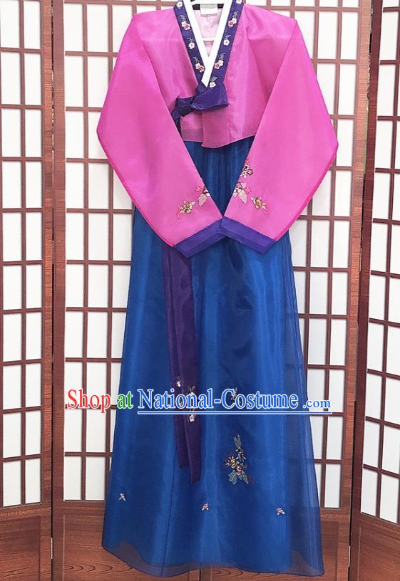 Korean Traditional Hanbok Costume Bride Garments Court Fashion Clothing Wedding Rosy Blouse and Blue Dress