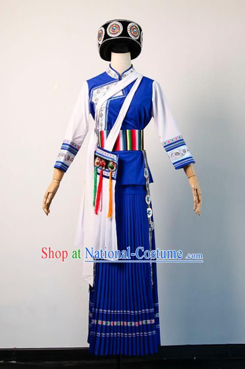 Chinese Minority Stage Performance Clothing Bai Nationality Female Blue Dress Yunnan Ethnic Folk Dance Garment Costumes