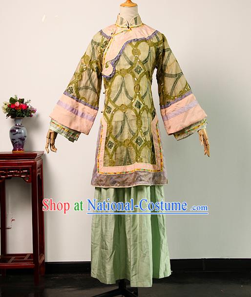 China Ancient Noble Mistress Green Blouse and Skirt Qing Dynasty Garments Traditional Drama Da Zhai Men Rich Woman Clothing