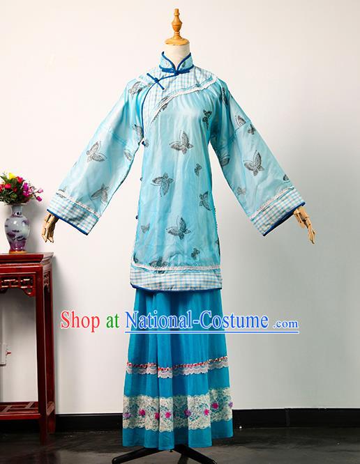 China Ancient Young Lady Printing Butterfly Blue Blouse and Skirt Qing Dynasty Garments Traditional Drama Da Zhai Men Rich Mistress Clothing