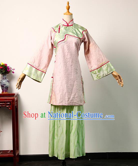 China Ancient Young Mistress Pink Blouse and Green Skirt Qing Dynasty Garments Traditional Drama Da Zhai Men Noble Lady Clothing