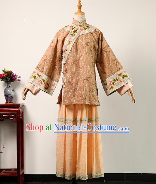 China Ancient Rich Mistress Khaki Blouse and Orange Skirt Qing Dynasty Garments Traditional Drama Da Zhai Men Young Woman Clothing