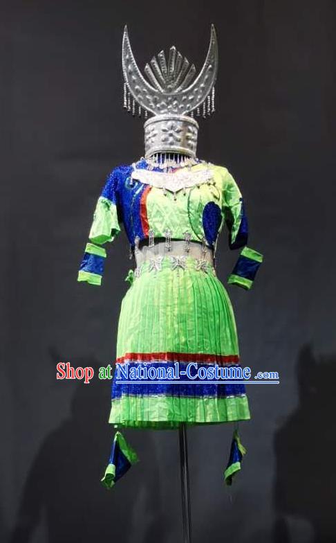 Chinese Hmong Minority Stage Performance Clothing Miao Nationality Female Green Dress Xiangxi Ethnic Folk Dance Garment Costumes