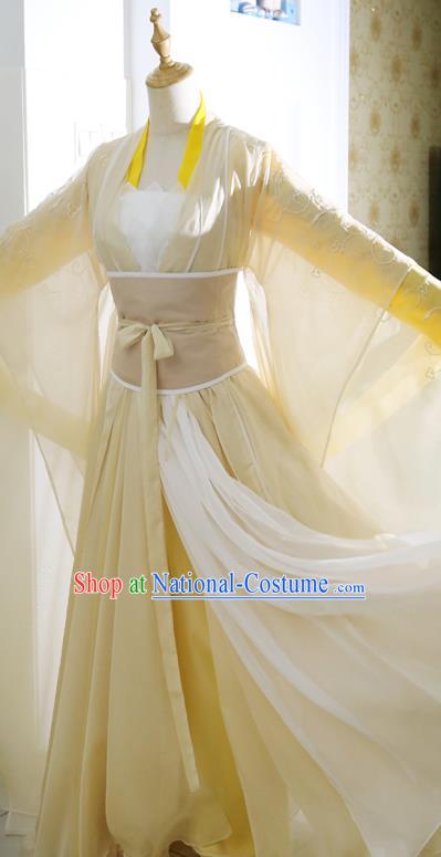 China Ancient Fairy Yellow Hanfu Dress Ming Dynasty Swordswoman Garments Traditional Drama The Heaven Sword and Dragon Saber Cosplay Clothing