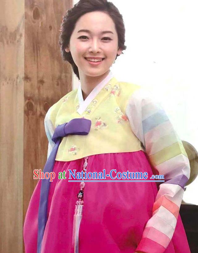 Korean Wedding Garments Bride Fashion Clothing Classical Embroidered Yellow Blouse and Rosy Dress Traditional Court Hanbok Costume