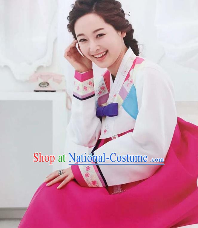 Korean Traditional Court Hanbok Costume Wedding Garments Bride Fashion Clothing Classical Embroidered White Blouse and Rosy Dress