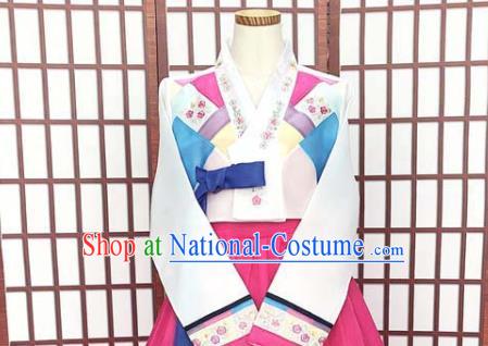 Korean Traditional Court Hanbok Costume Wedding Garments Bride Fashion Clothing Classical Embroidered White Blouse and Rosy Dress