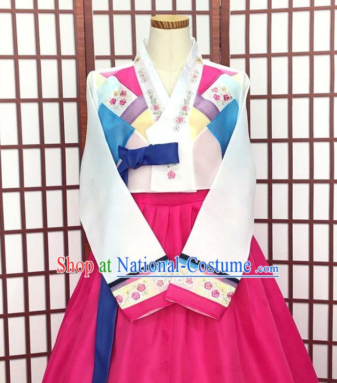 Korean Traditional Court Hanbok Costume Wedding Garments Bride Fashion Clothing Classical Embroidered White Blouse and Rosy Dress