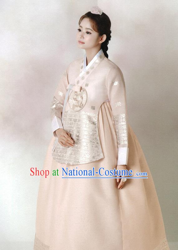 Korean Classical Fashion Clothing Bride Embroidered Beige Blouse and Dress Traditional Court Hanbok Costume Wedding Garments