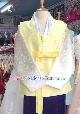 Korean Wedding Hanbok Young Man Yellow Vest White Silk Shirt and Purple Pants Traditional Bridegroom Costumes Korea Festival Clothing