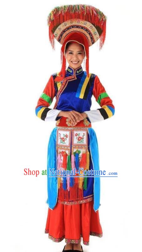 Chinese Tujia Nationality Wedding Clothing Tu Minority Dance Performance Red Dress Uniforms Xiangxi Ethnic Bride Garment Costumes and Headdress