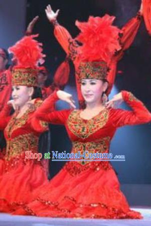 Chinese Kyrgyz Nationality Performance Clothing Khalkhas Minority Folk Dance Red Dress Uniforms Xinjiang Ethnic Garment Costumes and Headdress