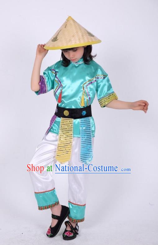 China Ethnic Garment Costumes Maonan Nationality Children Folk Dance Uniforms and Bamboo Hat