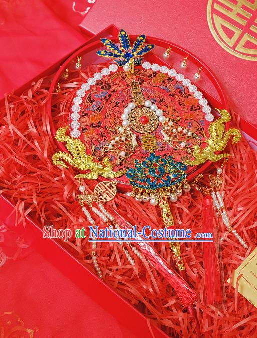 China Classical Dance Circular Fan Handmade Red Silk Fan Traditional Wedding Fan Bride Cloisonne Phoenix Palace Fan