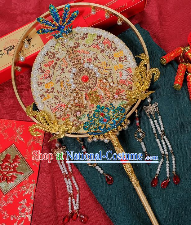 China Bride Cloisonne Phoenix Palace Fan Classical Dance Circular Fan Handmade White Silk Fan Traditional Wedding Pearls Fan