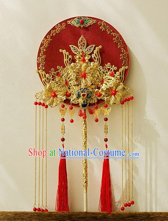 China Classical Dance Golden Tassel Fan Handmade Silk Circular Fan Traditional Wedding Red Fan Bride Palace Fan