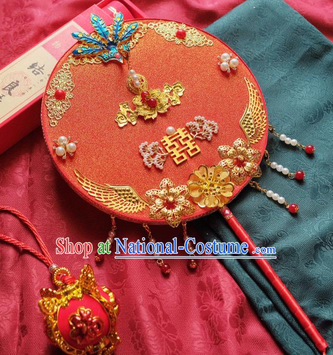 China Bride Palace Fan Classical Dance Circular Fan Handmade Red Silk Fan Traditional Wedding Fan