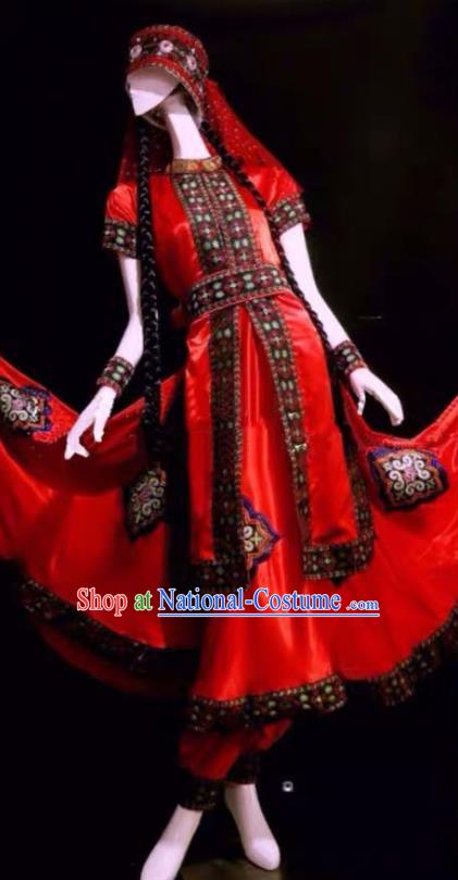 Chinese Tajik Nationality Performance Clothing Tayikos Minority Folk Dance Red Dress Uniforms Xinjiang Ethnic Woman Garment Costumes and Hat