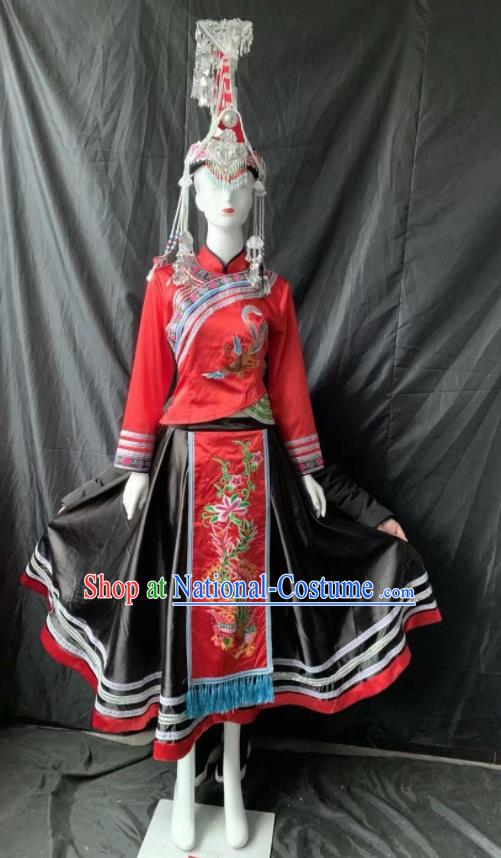 Chinese She Nationality Bride Clothing Minority Woman Wedding Red Dress Uniforms Guangdong Ethnic Garment Costumes and Hair Accessories