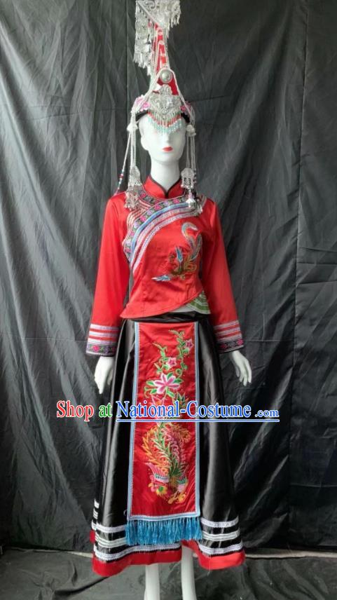 Chinese She Nationality Bride Clothing Minority Woman Wedding Red Dress Uniforms Guangdong Ethnic Garment Costumes and Hair Accessories