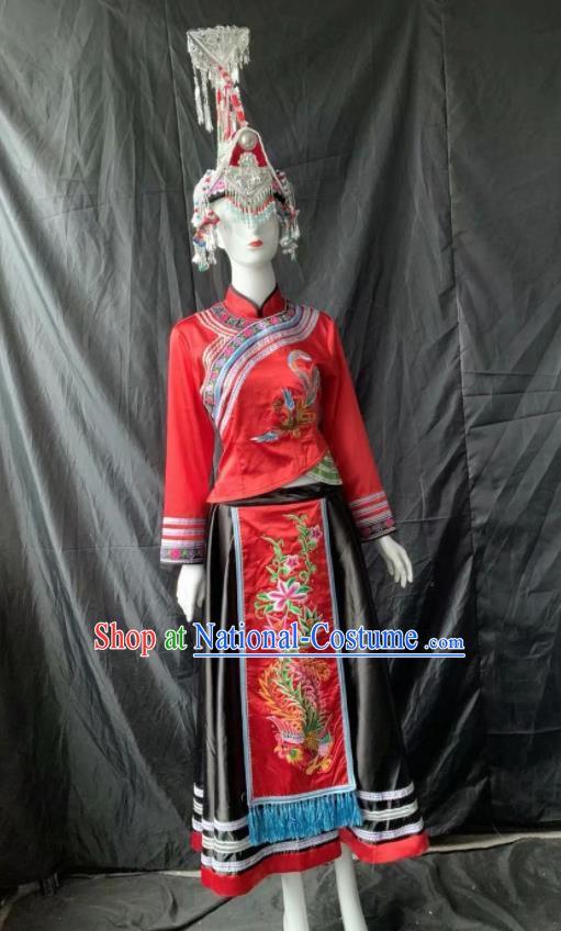 Chinese She Nationality Bride Clothing Minority Woman Wedding Red Dress Uniforms Guangdong Ethnic Garment Costumes and Hair Accessories