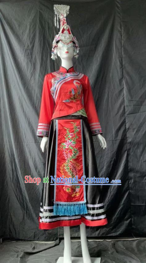 Chinese She Nationality Bride Clothing Minority Woman Wedding Red Dress Uniforms Guangdong Ethnic Garment Costumes and Hair Accessories