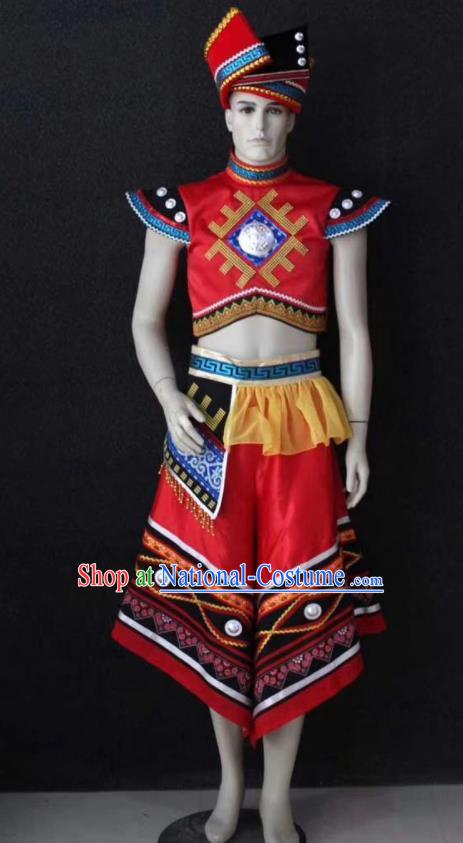 China Traditional Zhuang Nationality Young Male Red Outfits Wedding Clothing Guangxi Ethnic Bridegroom Garment Costumes and Headwear