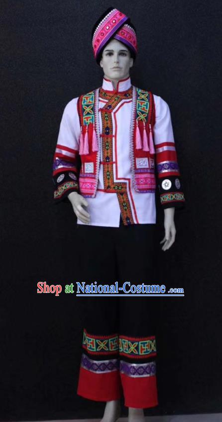 China Traditional Zhuang Nationality Folk Dance Outfits Clothing Guangxi Ethnic Bridegroom Wedding Garment Costumes and Headpiece