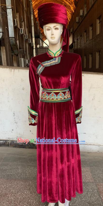 Chinese Mongol Nationality Performance Clothing Mongolian Minority Woman Wine Red Velvet Dress Uniforms Ethnic Folk Dance Garment Costumes and Hat