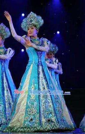 Chinese Eluosi Nationality Performance Clothing Russian Minority Woman Blue Dress Uniforms Xinjiang Ethnic Dance Garment Costumes and Headpieces