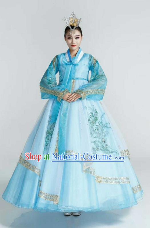 Korea Folk Dance Blue Dress Korean Bride Palace Hanbok Clothing Traditional Garment Costumes