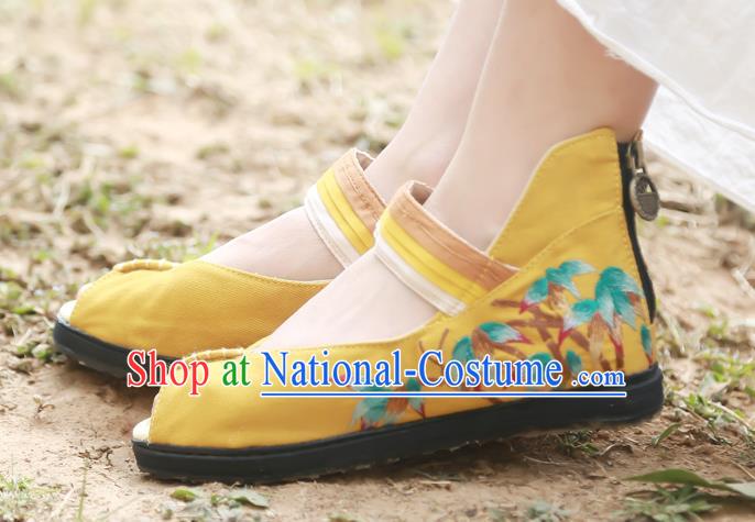 China Embroidered Bamboo Plimsolls Shoes Handmade Yellow Canvas Shoes National Folk Dance Sandal Shoes