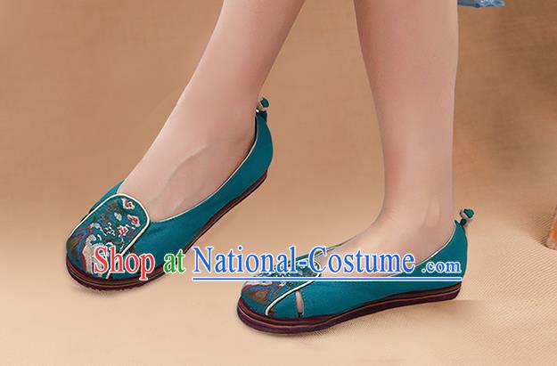 China Handmade Old Beijing Cloth Shoes National Folk Dance Shoes Embroidered Green Canvas Shoes