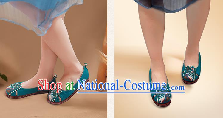 China Handmade Old Beijing Cloth Shoes National Folk Dance Shoes Embroidered Green Canvas Shoes