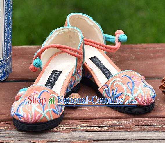 China Woman Sandals National Folk Dance Shoes Embroidered Orchids Orange Canvas Shoes Handmade Old Beijing Cloth Shoes