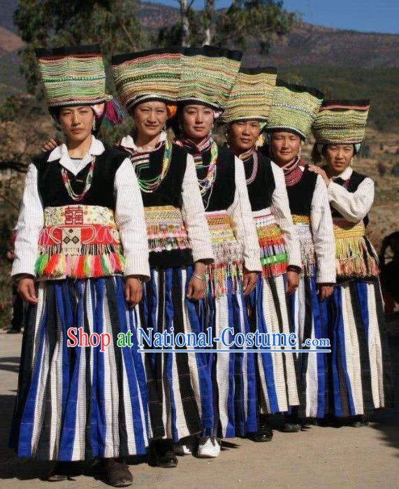 Chinese Yunnan Ethnic Dance Garment Costumes Pumi Nationality Clothing Minority Woman Festival Dress Uniforms and Hat