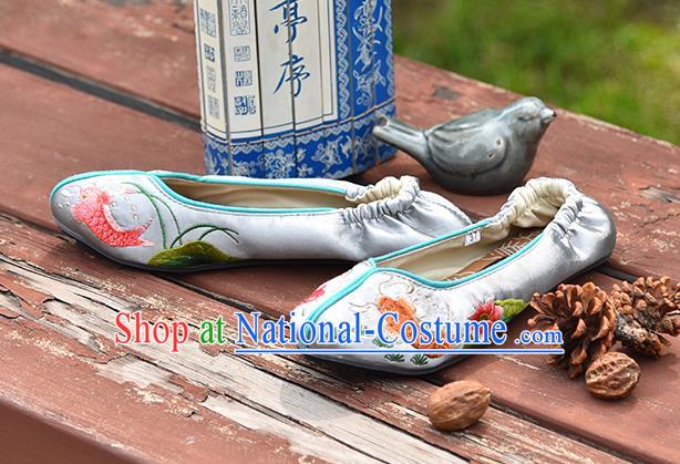 China Embroidered Lotus Fish Shoes Handmade Satin Shoes Woman Grey Brocade Shoes National Folk Dance Shoes